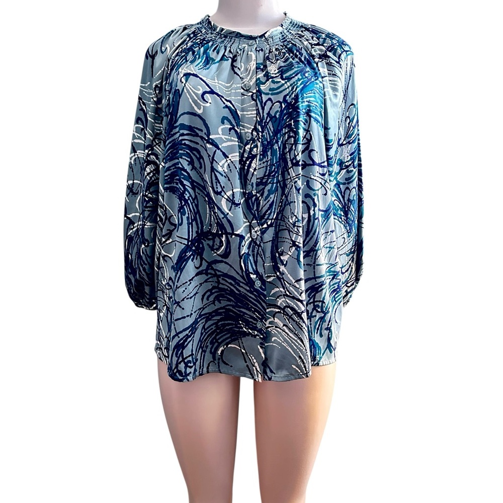 LC Lauren Conrad Blue and Black Button Down Blouse Size Large